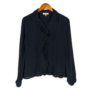 Trousers Etc New York Black Silk Ruffle Blouse Pintuck Snap Front Size 10 Y2K